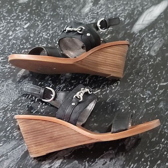 COACH PAM SIG C LOGO LEATHER WEDGE HEELS SANDALS - Picture 10 of 16